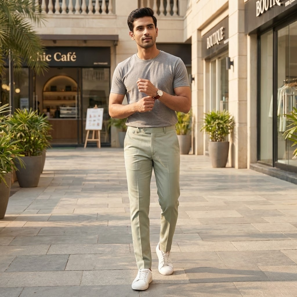 Men’s Sage Green Slim Fit Formal Trousers with Clean Tailored Look