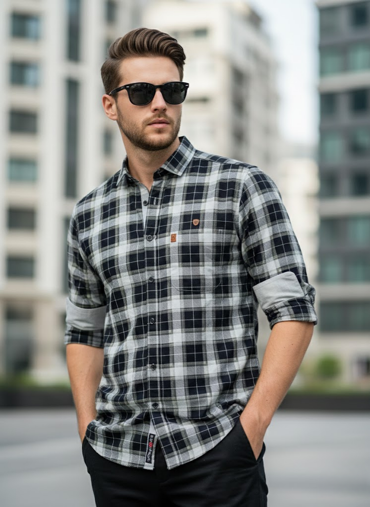 Charcoal Grey Checked Flannel Shirt for Men – Slim Fit Casual Wear