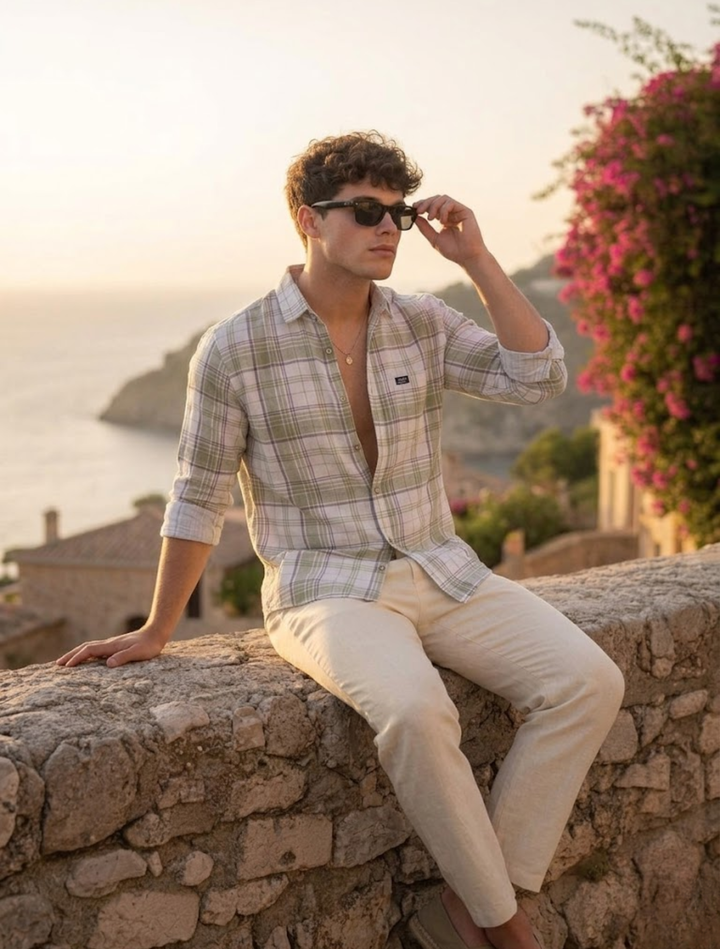 Men’s Olive Cotton Linen Check Casual Summer Fit Shirt