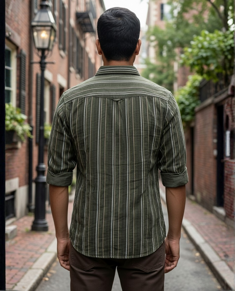 Men’s Olive Green Corduroy Vertical Stripe Shirt with Rolled Sleeves | Premium Everyday Wear