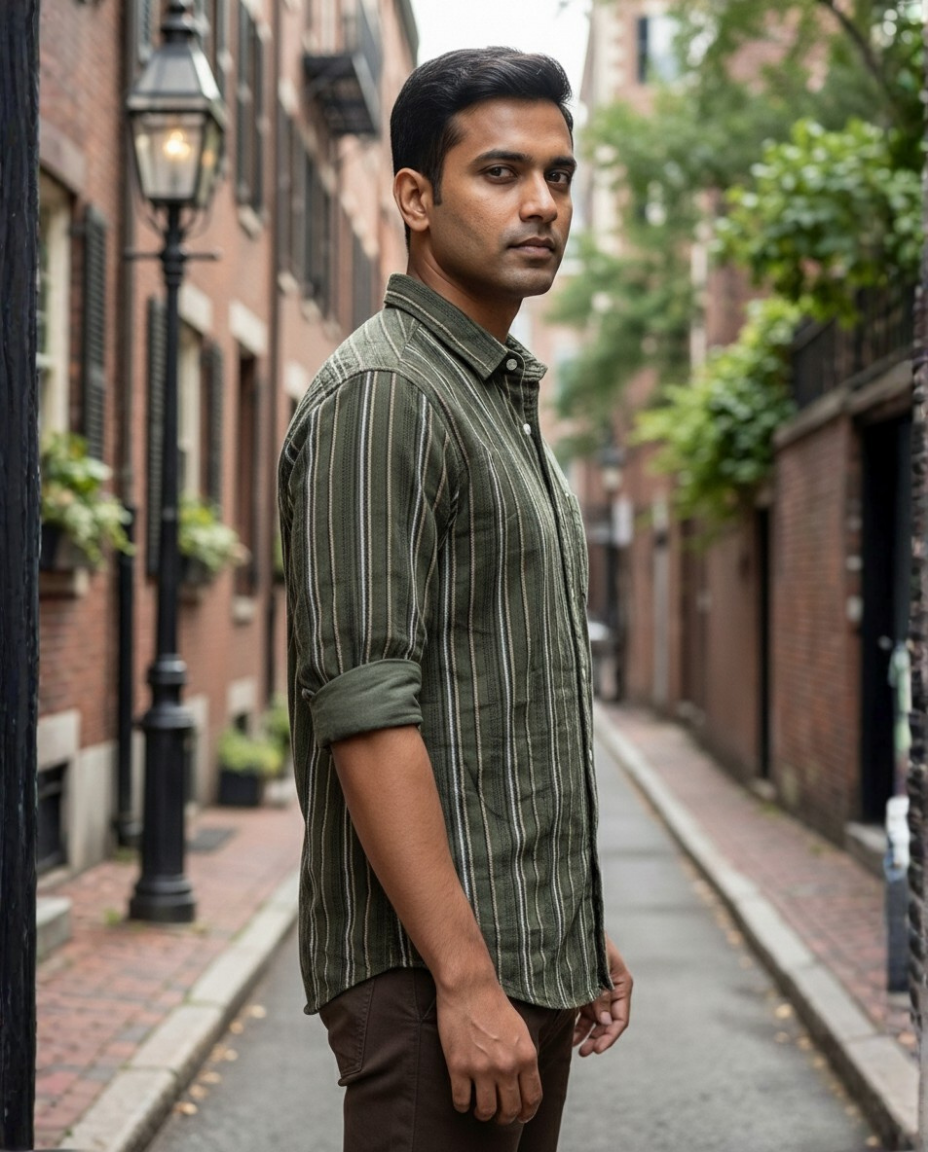 Men’s Olive Green Corduroy Vertical Stripe Shirt with Rolled Sleeves | Premium Everyday Wear