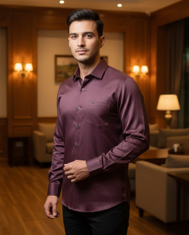 Men’s Wine Satin-Finish Solid Shirt with Elegant Tailoring | Premium Smart Wear