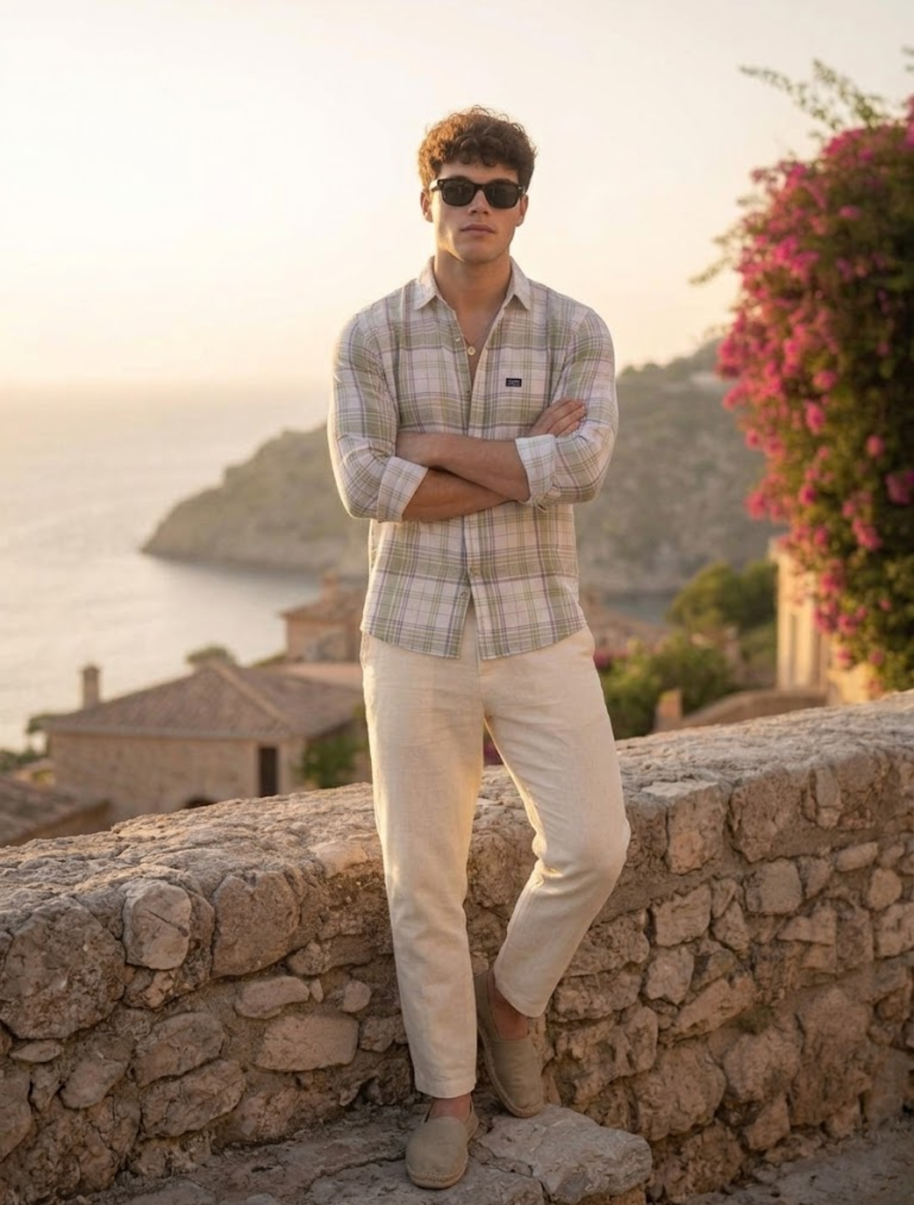 Men’s Olive Cotton Linen Check Casual Summer Fit Shirt