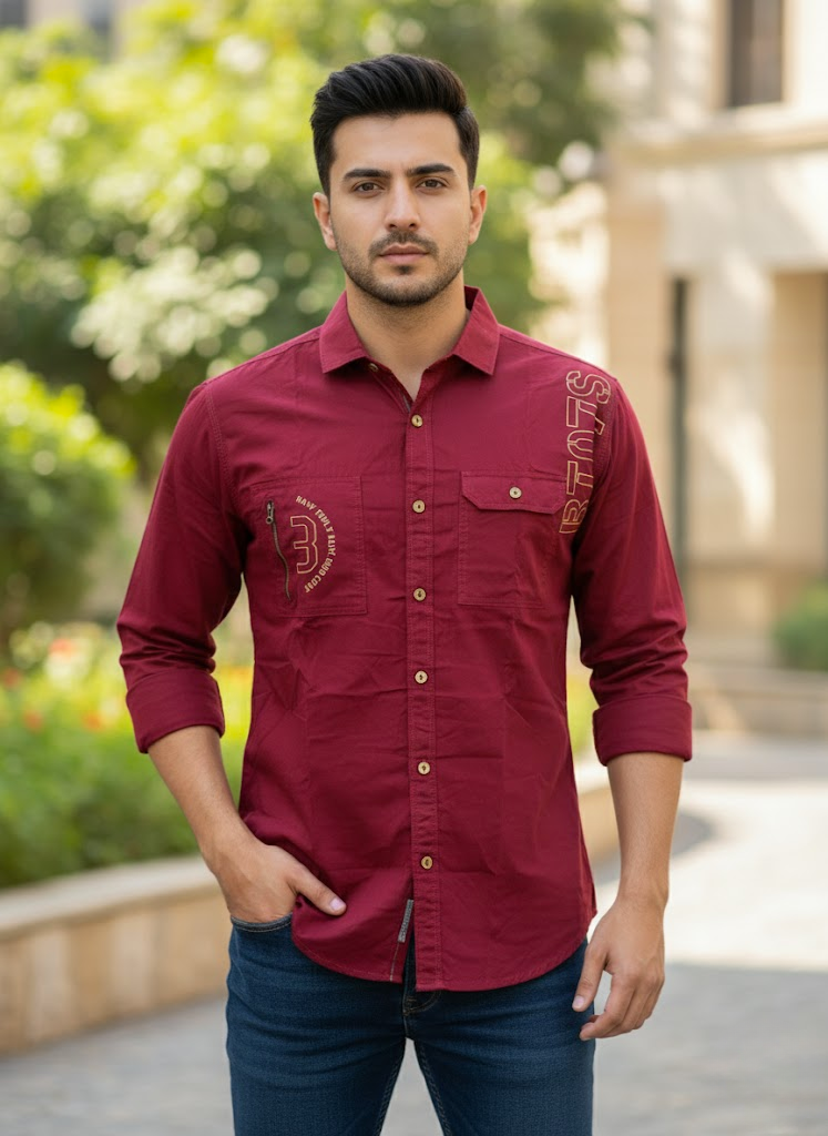 Men’s Double Pocket Maroon Cotton Stylish Casual Shirt