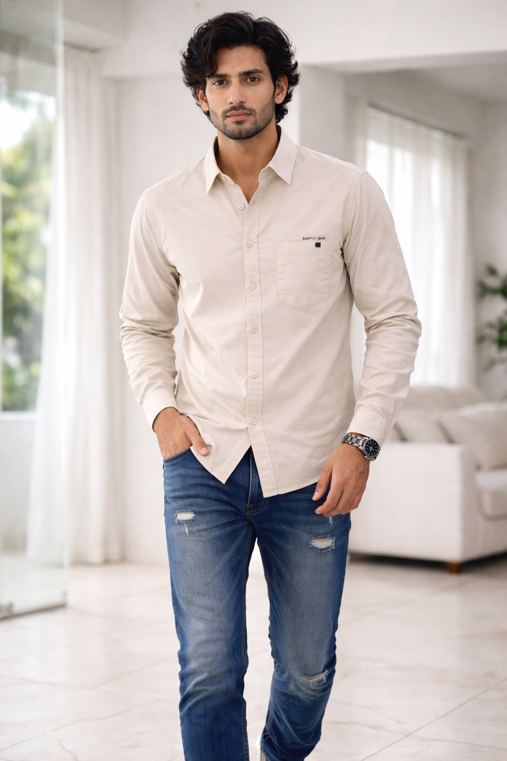 Men’s Light Beige Cotton Slim Fit Casual Shirt