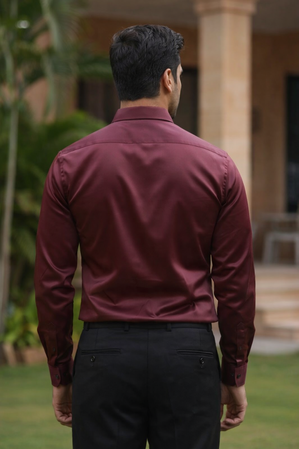 Men’s Maroon Satin-Finish Solid Shirt with Sharp Tailoring | Premium Evening & Formal Wear