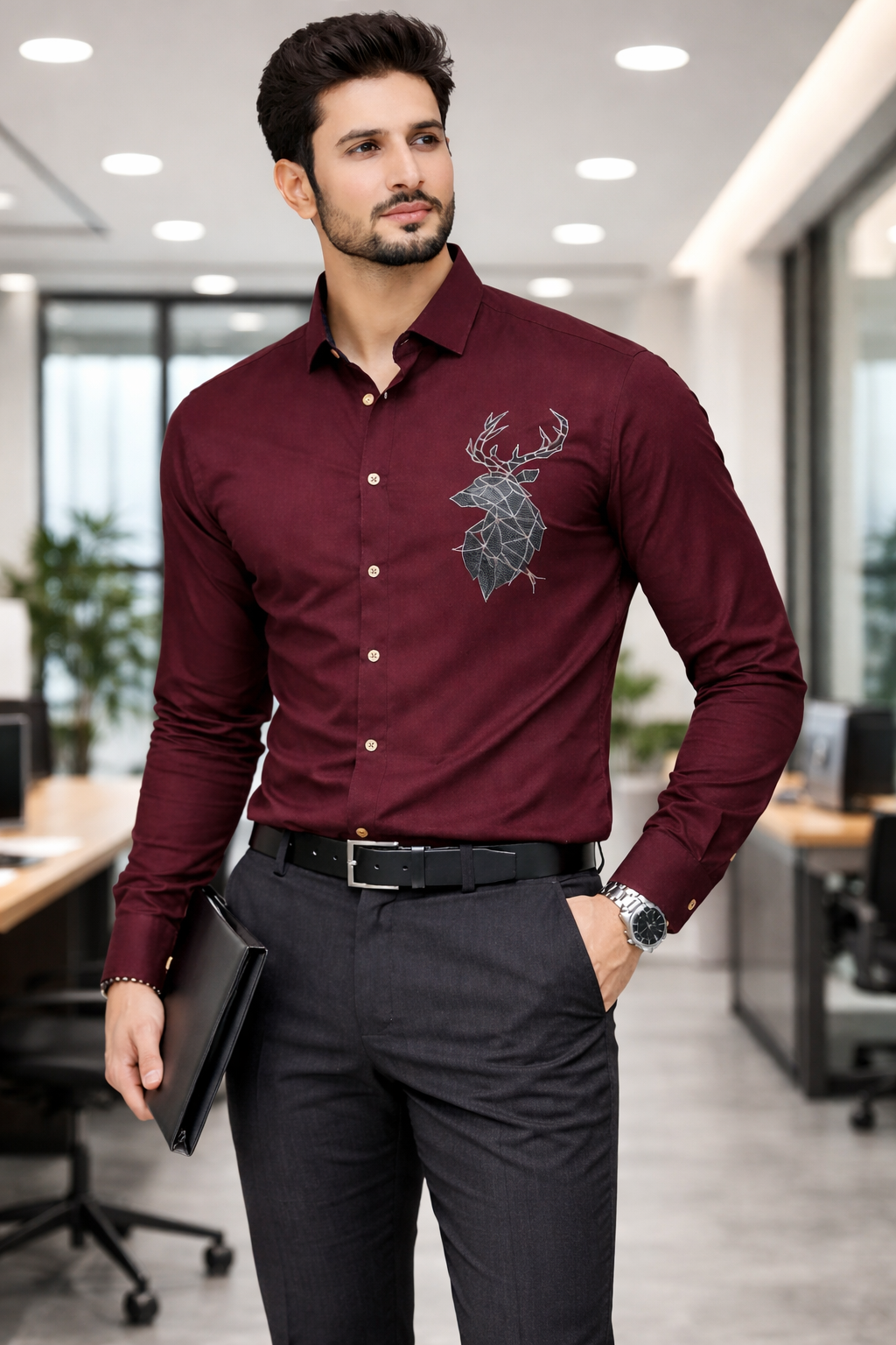 Men’s Maroon Designer Shirt with Stag Print