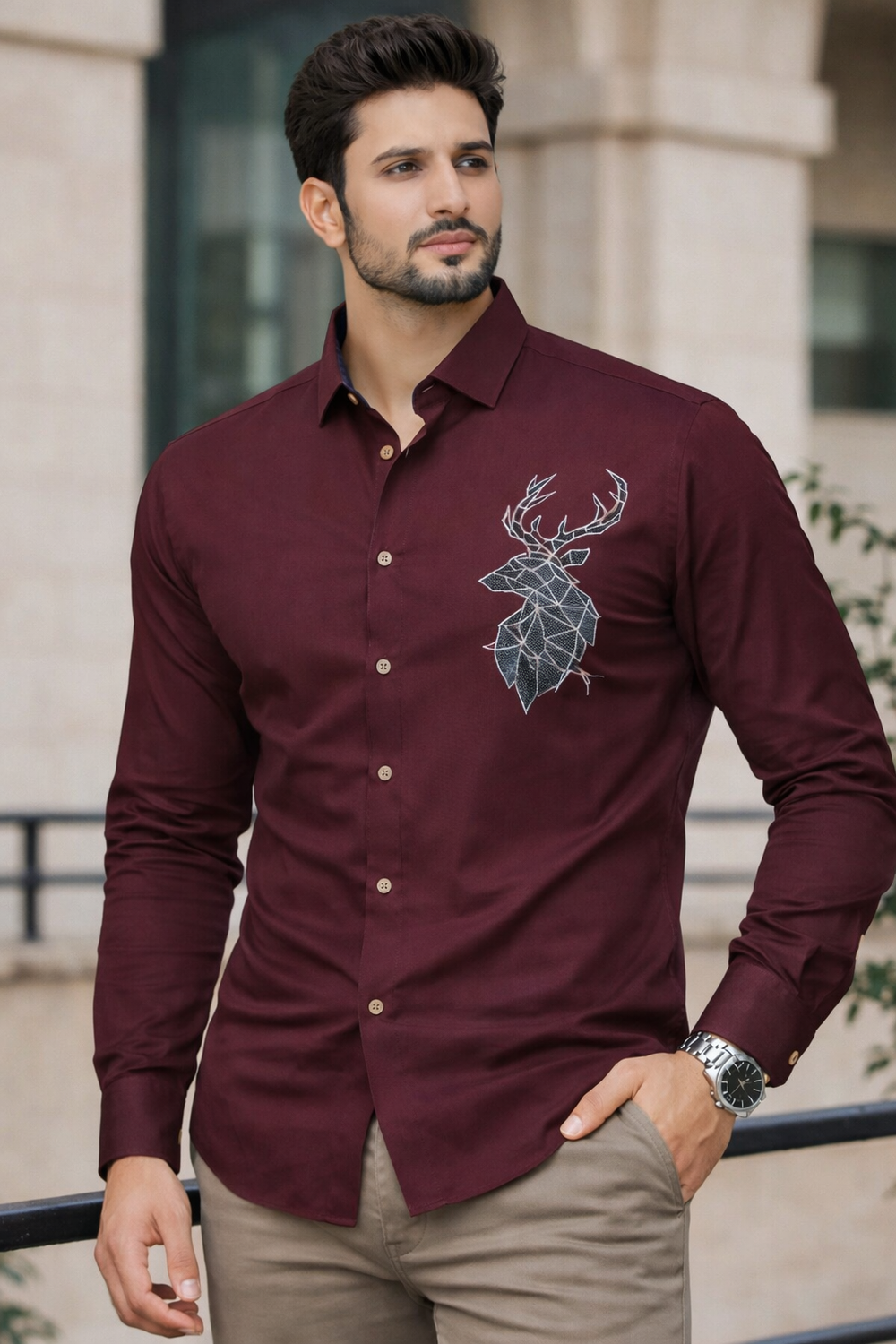 Men’s Maroon Designer Shirt with Stag Print
