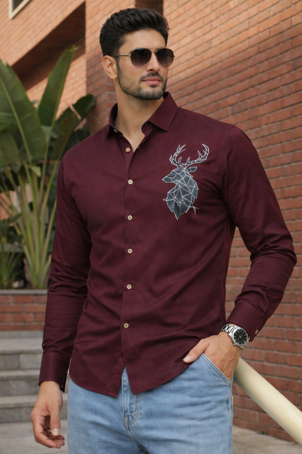 Men’s Maroon Designer Shirt with Stag Print