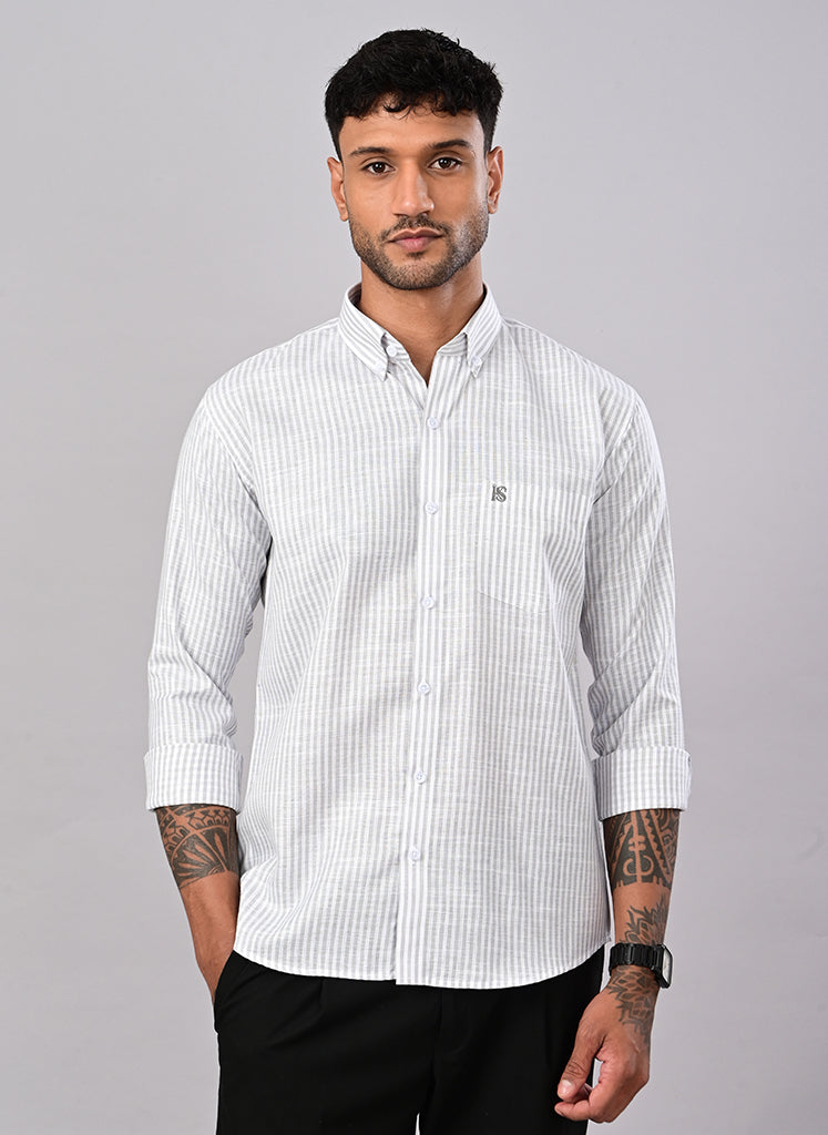 Men’s White & Sage Green Striped Casual Shirt