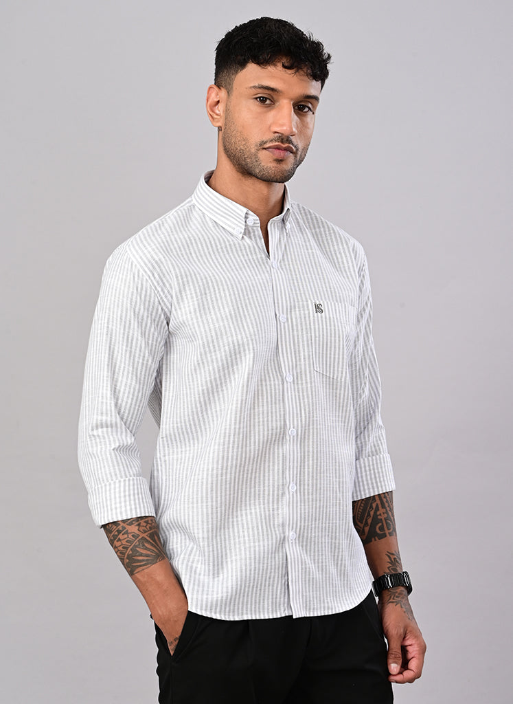 Men’s White & Sage Green Striped Casual Shirt