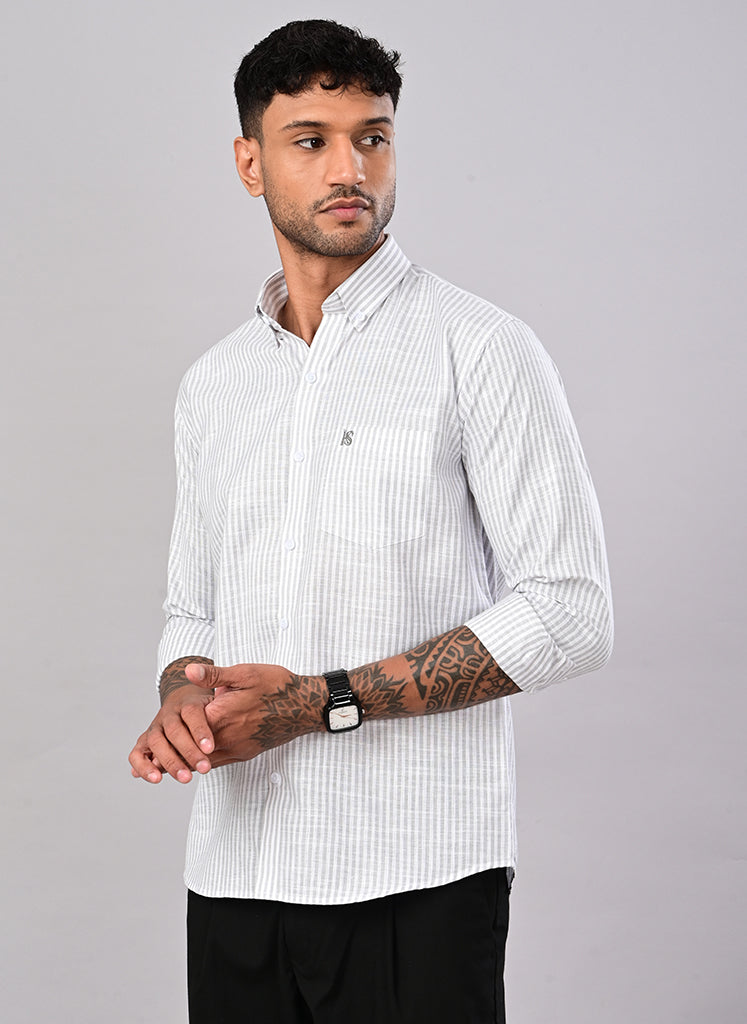 Men’s White & Sage Green Striped Casual Shirt
