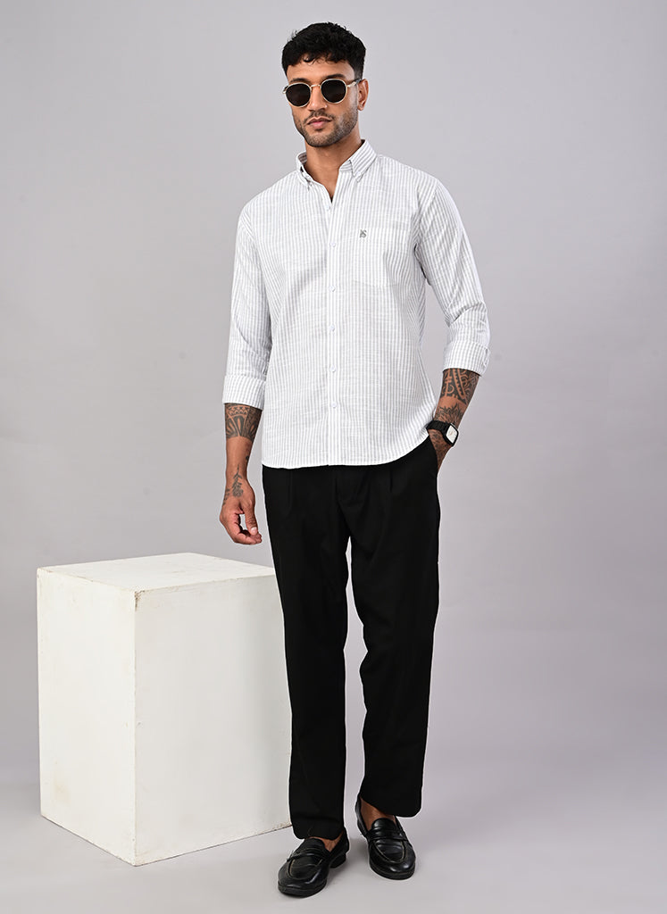 Men’s White & Sage Green Striped Casual Shirt