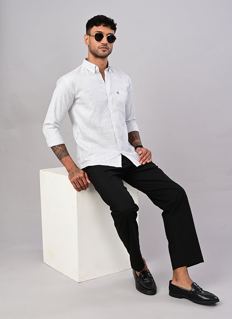Men’s White & Sage Green Striped Casual Shirt