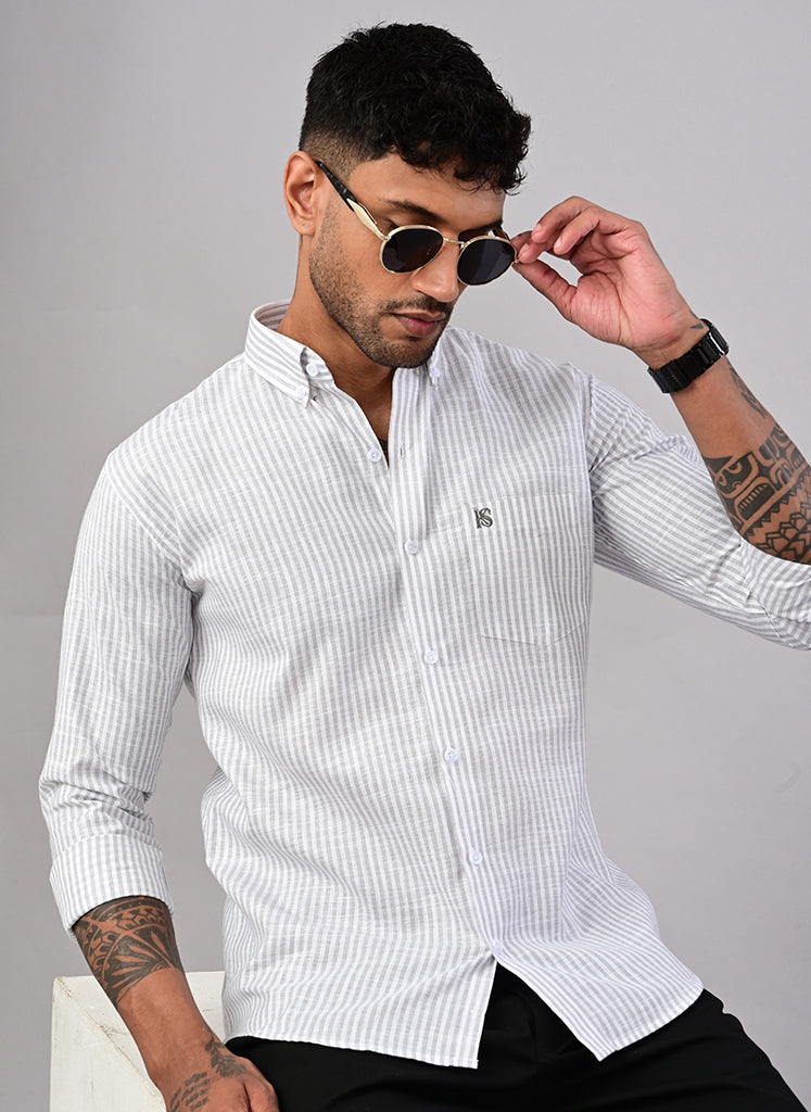 Men’s White & Sage Green Striped Casual Shirt