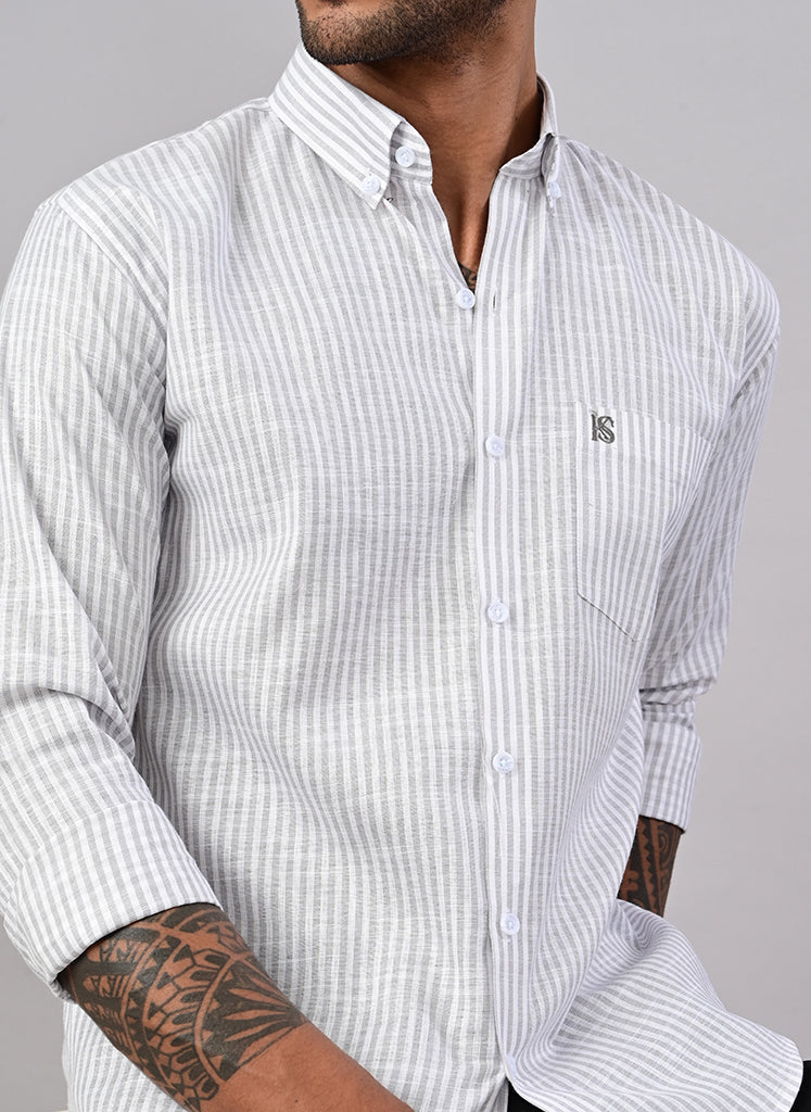 Men’s White & Sage Green Striped Casual Shirt