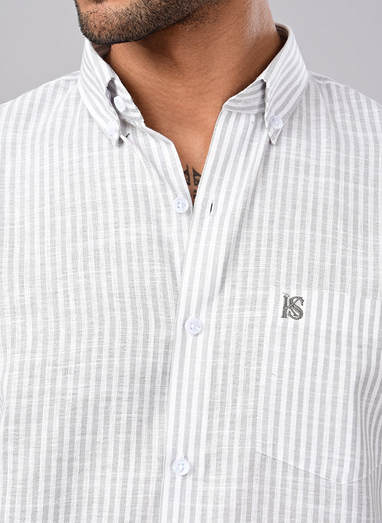 Men’s White & Sage Green Striped Casual Shirt