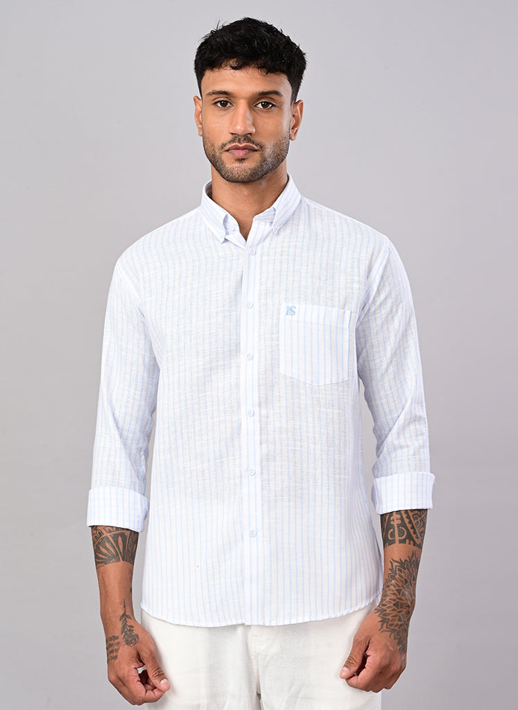 Men’s White & Sky Blue Striped Cotton Shirt
