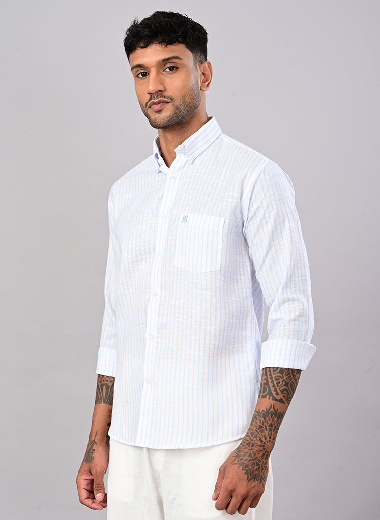 Men’s White & Sky Blue Striped Cotton Shirt