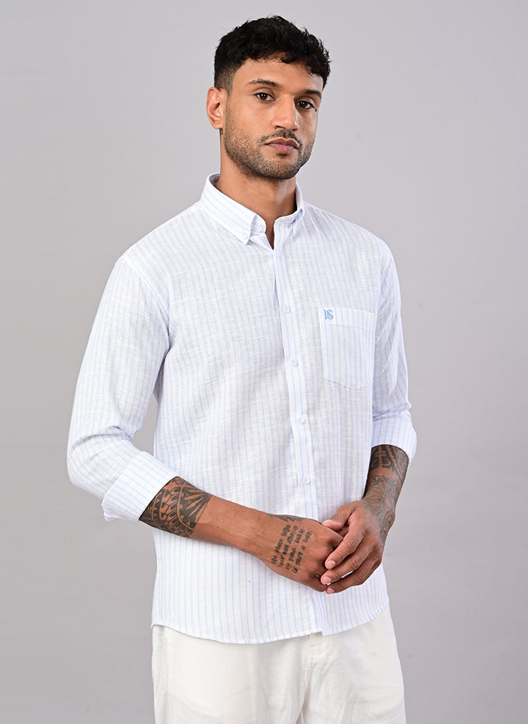 Men’s White & Sky Blue Striped Cotton Shirt