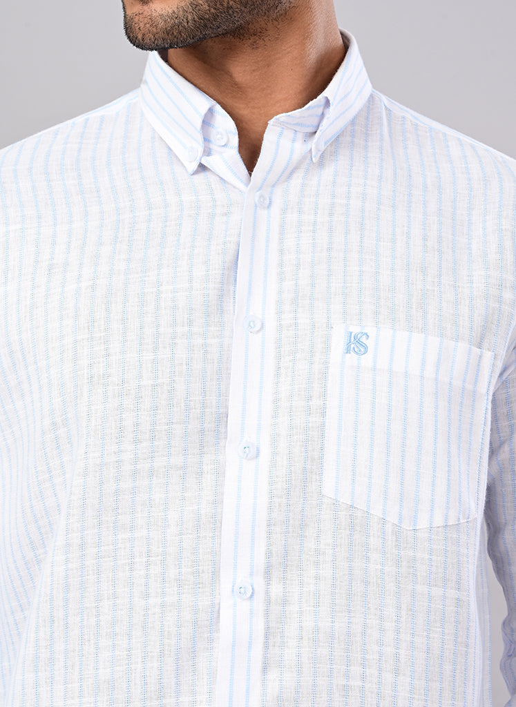 Men’s White & Sky Blue Striped Cotton Shirt