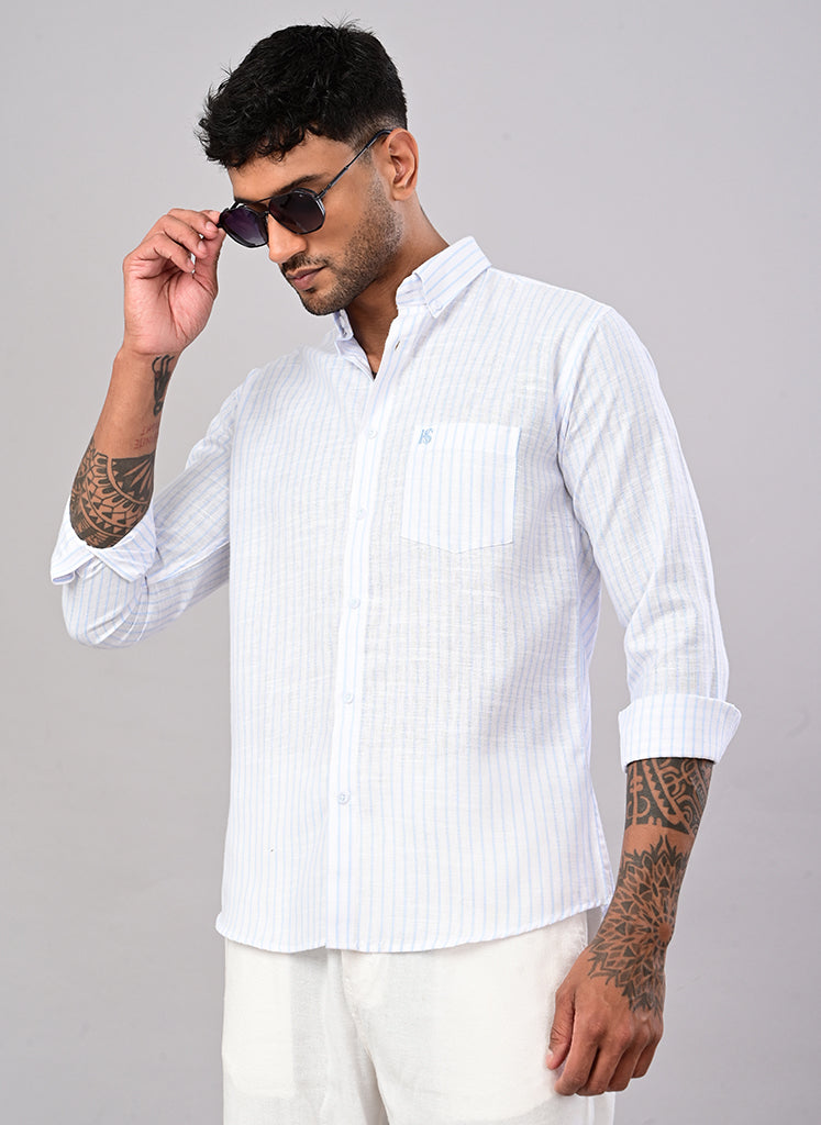 Men’s White & Sky Blue Striped Cotton Shirt