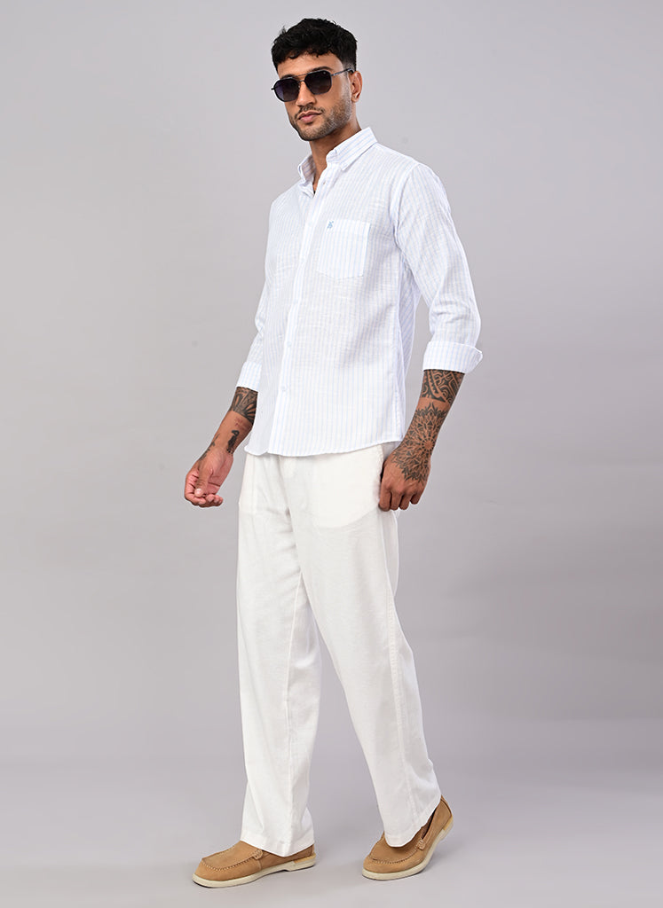 Men’s White & Sky Blue Striped Cotton Shirt