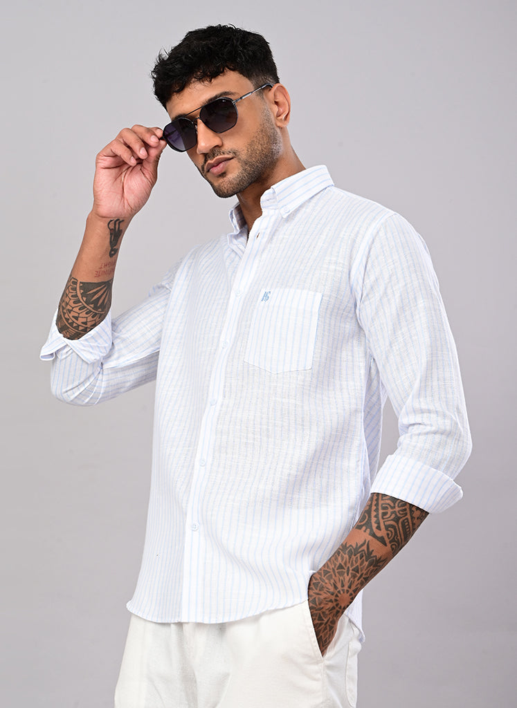 Men’s White & Sky Blue Striped Cotton Shirt