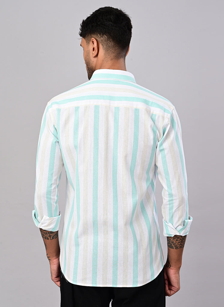 Men’s White & Mint Green Striped Cotton Shirt