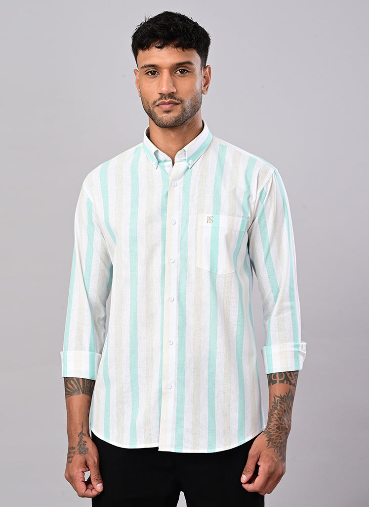 Men’s White & Mint Green Striped Cotton Shirt