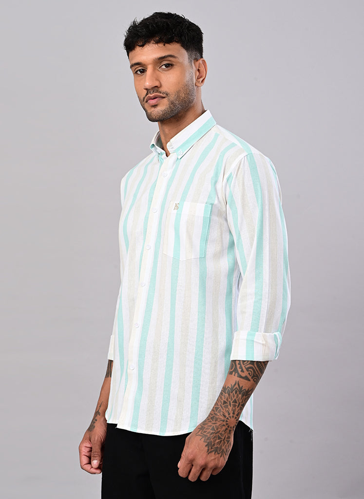 Men’s White & Mint Green Striped Cotton Shirt
