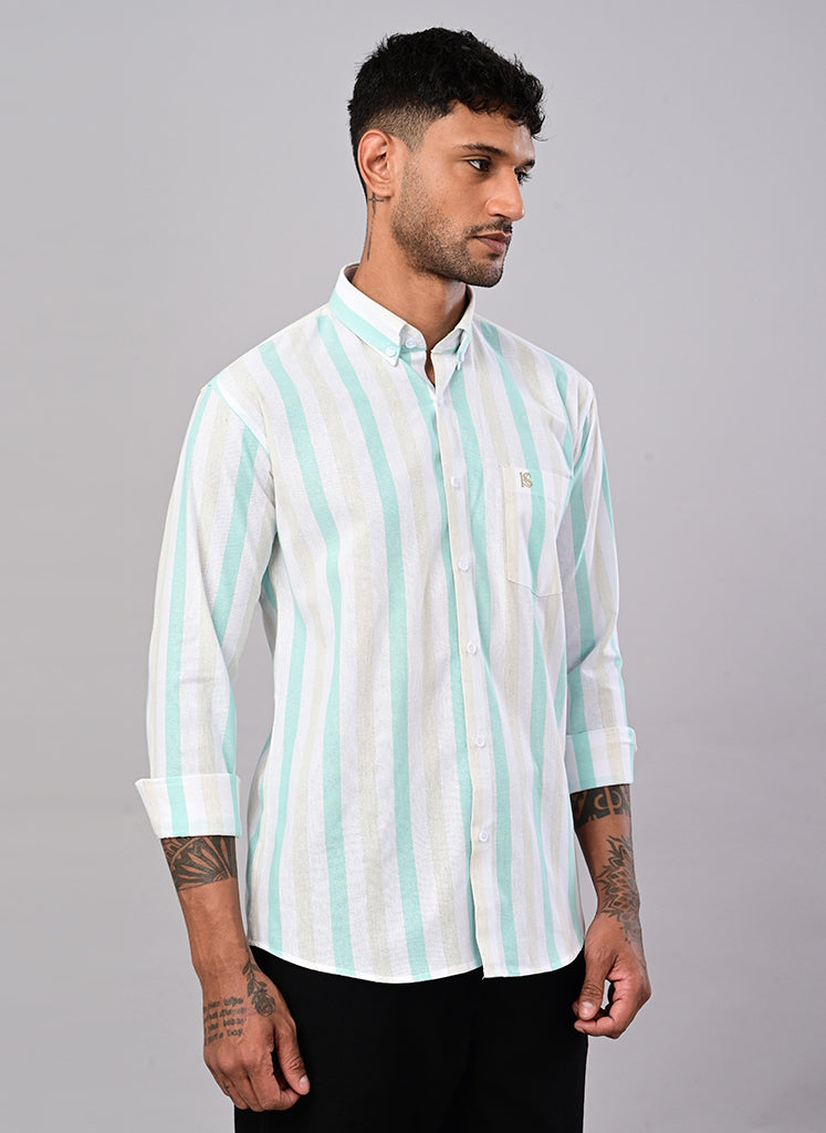 Men’s White & Mint Green Striped Cotton Shirt