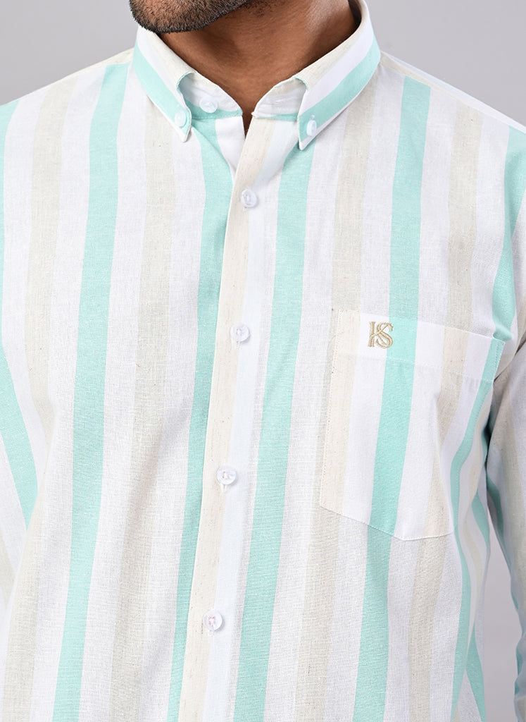 Men’s White & Mint Green Striped Cotton Shirt
