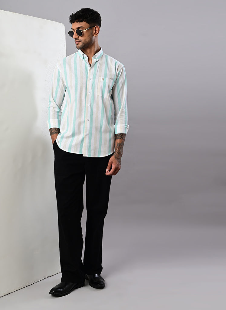 Men’s White & Mint Green Striped Cotton Shirt