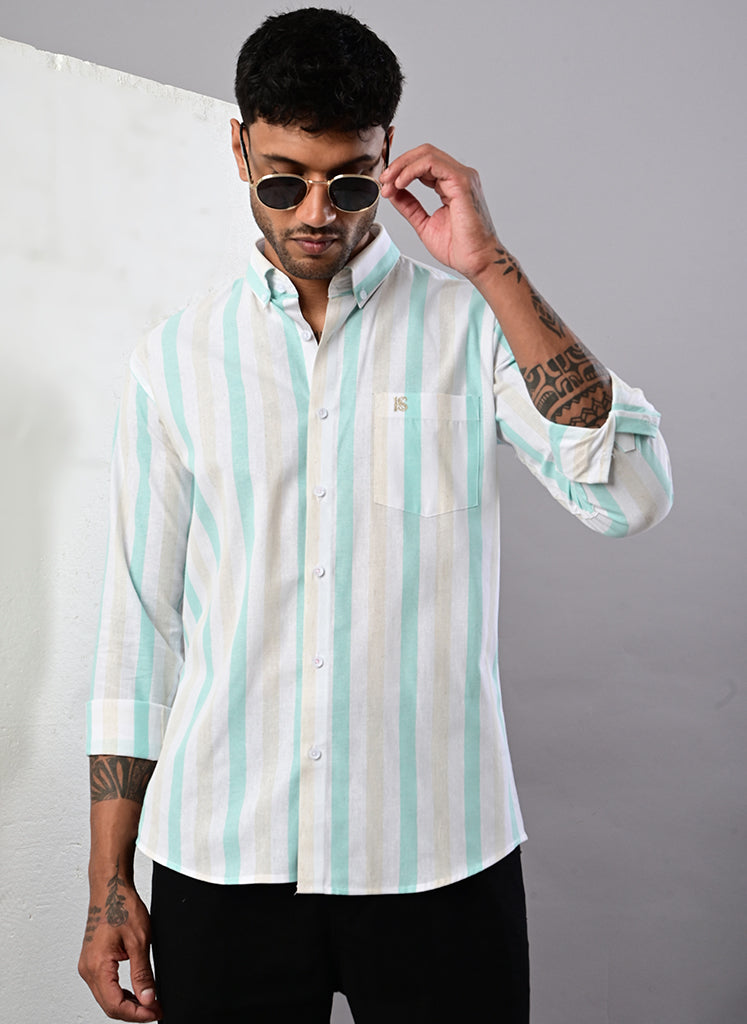 Men’s White & Mint Green Striped Cotton Shirt