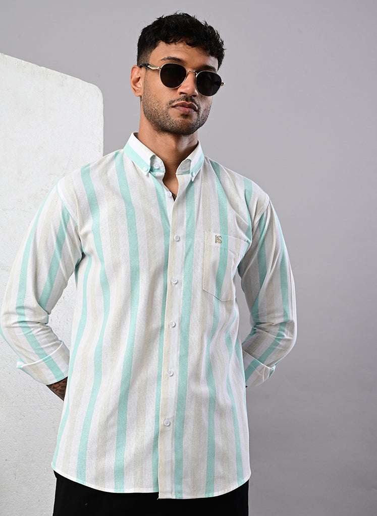 Men’s White & Mint Green Striped Cotton Shirt