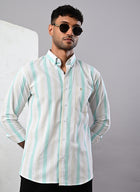 Men’s White & Mint Green Striped Cotton Shirt