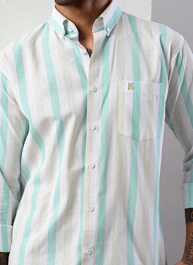 Men’s White & Mint Green Striped Cotton Shirt