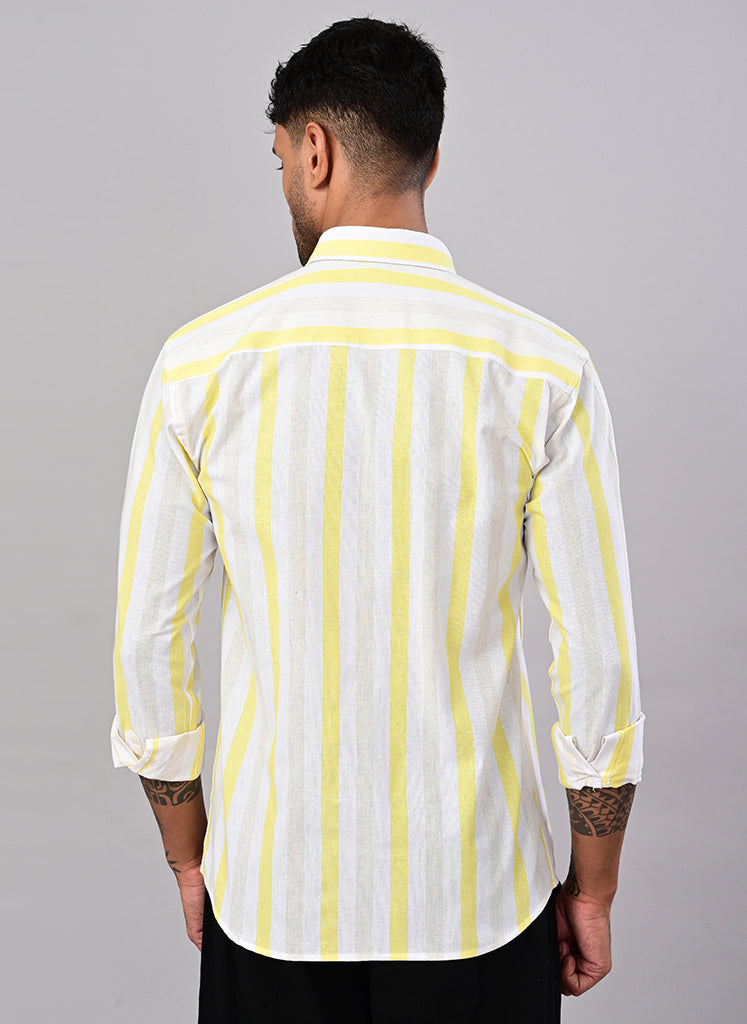 Men’s White & Lemon Yellow Striped Cotton Shirt