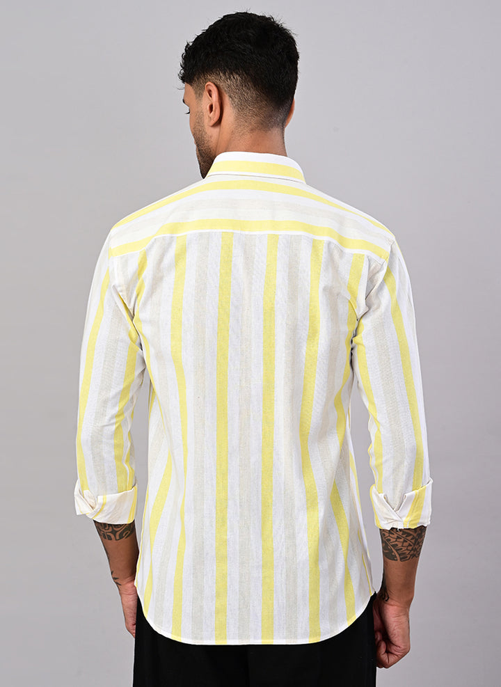 Men’s White & Lemon Yellow Striped Cotton Shirt