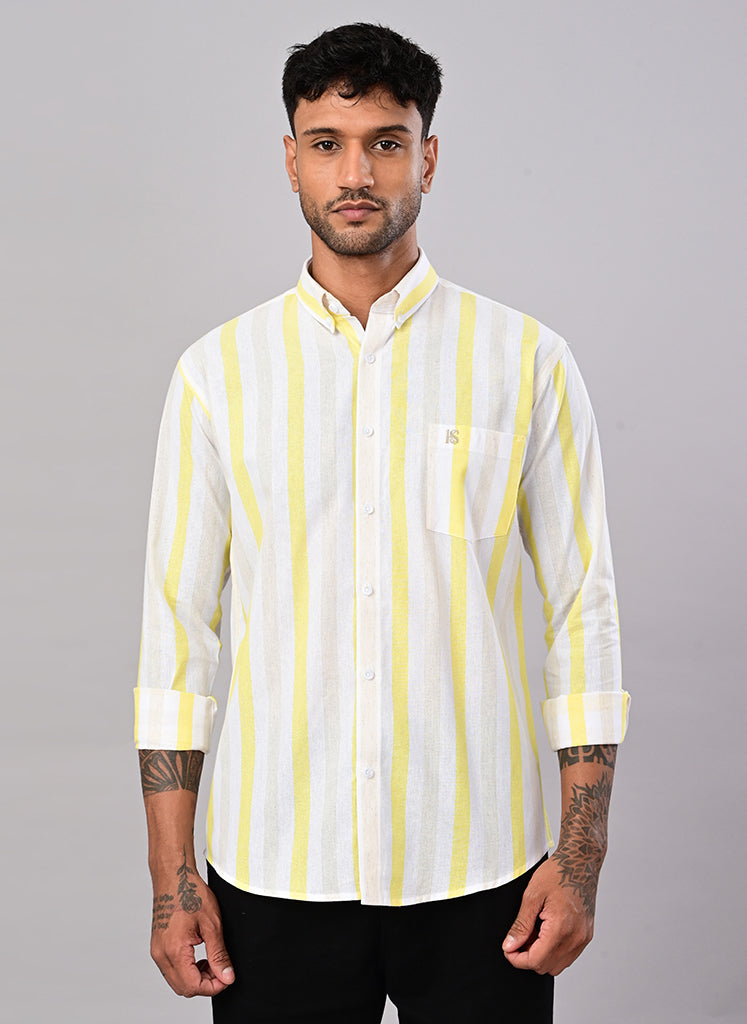 Men’s White & Lemon Yellow Striped Cotton Shirt