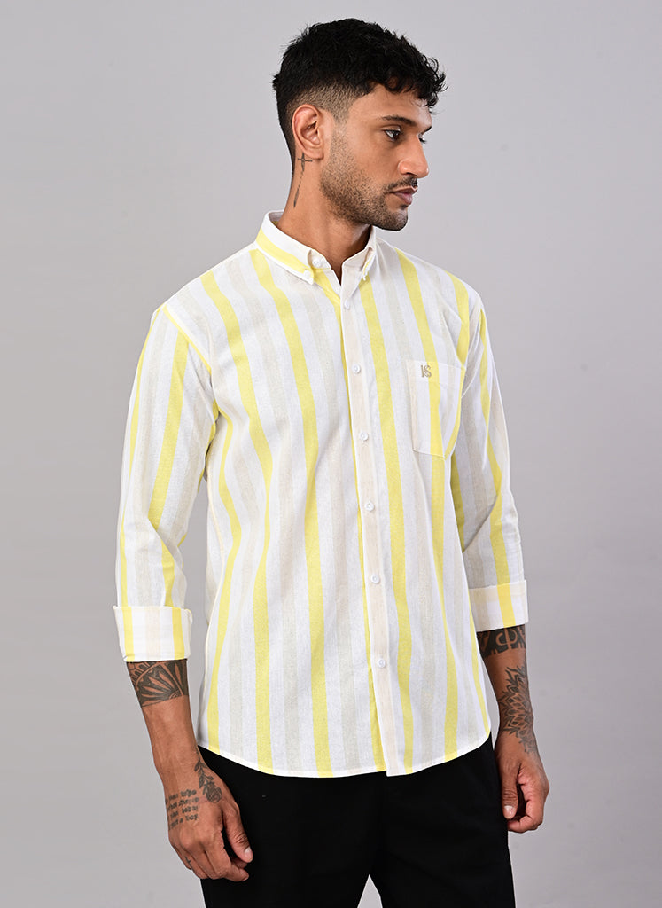 Men’s White & Lemon Yellow Striped Cotton Shirt