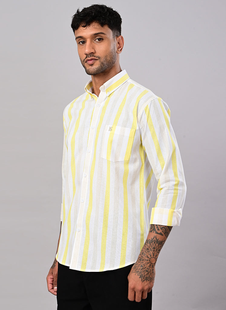 Men’s White & Lemon Yellow Striped Cotton Shirt