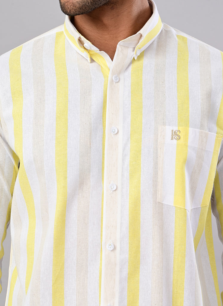 Men’s White & Lemon Yellow Striped Cotton Shirt