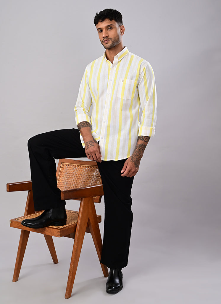 Men’s White & Lemon Yellow Striped Cotton Shirt