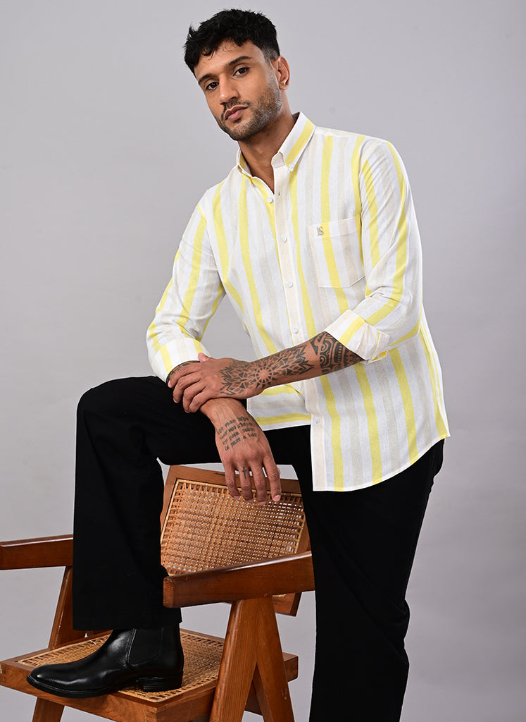 Men’s White & Lemon Yellow Striped Cotton Shirt