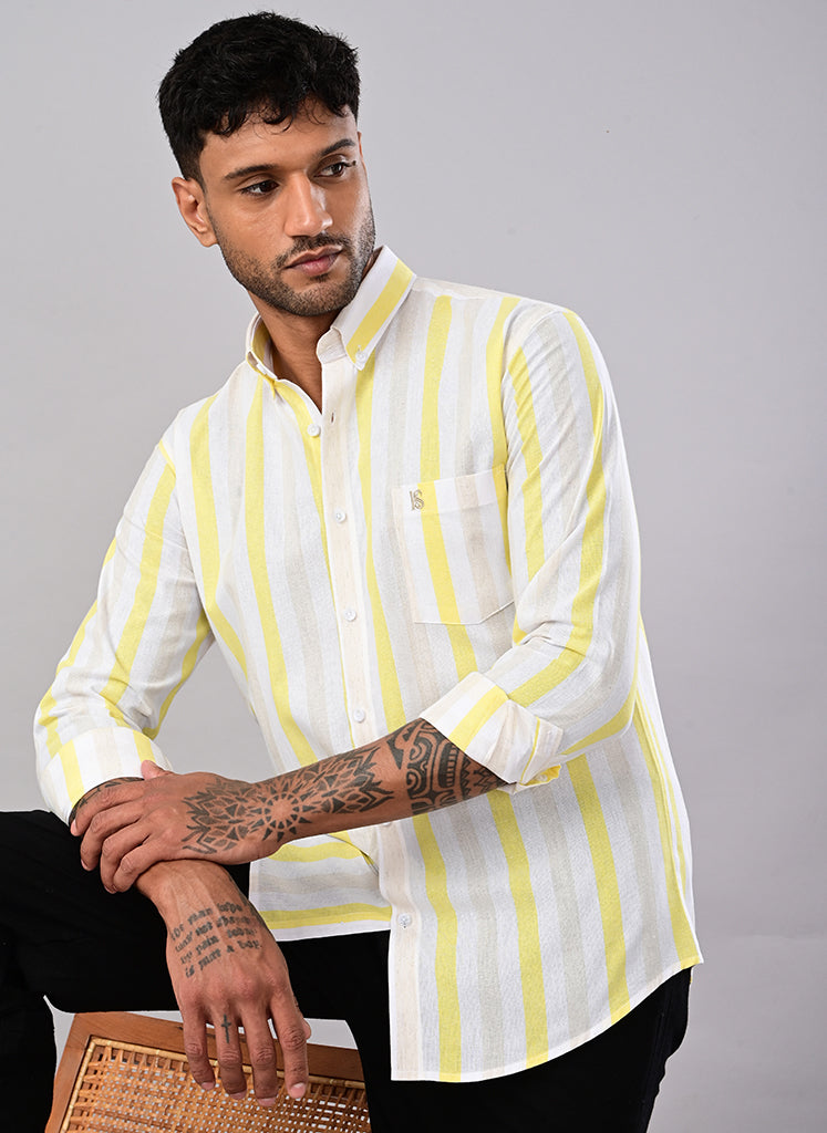 Men’s White & Lemon Yellow Striped Cotton Shirt