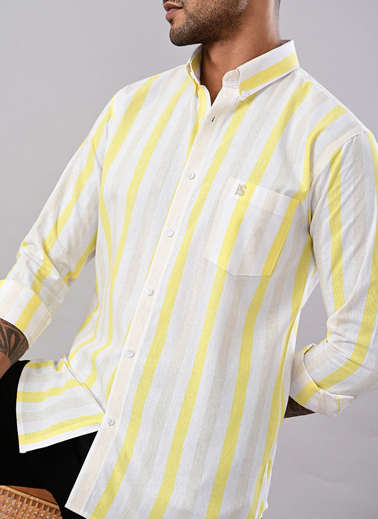 Men’s White & Lemon Yellow Striped Cotton Shirt