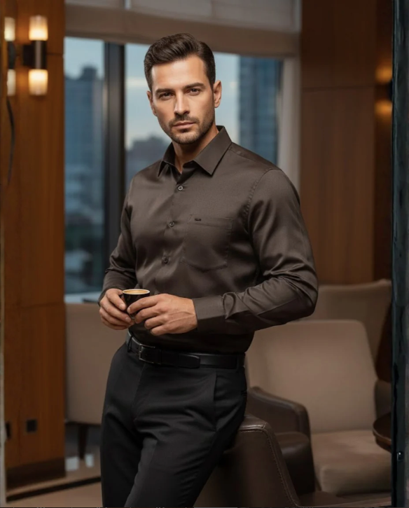 Men’s Chocolate Brown & Classic White Satin Shirt Combo