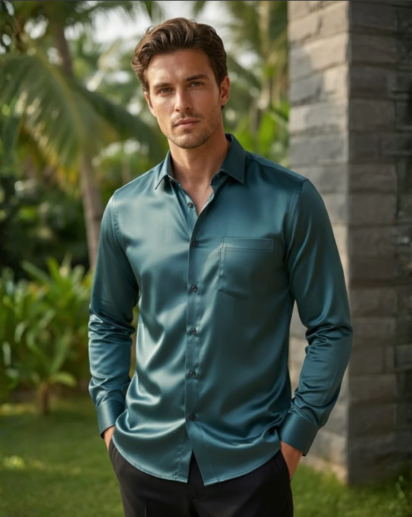 Men’s Teal Blue & Sage Green Satin Shirt Combo – Premium Party & Evening Wear (Pack of 2)